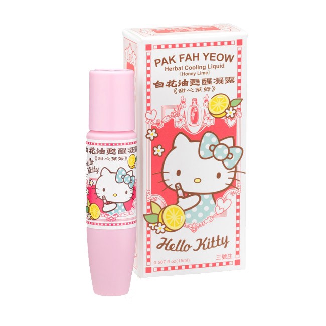 Hello Kitty授權、專利三頭滾珠，方便好上手成分：陳皮萃取、薄荷萃取、冬青萃取、蘄艾萃取、當歸萃取、王不留行萃取、川芎萃取、鬱金萃取、酒精、純水、薄荷腦、薄荷醇乳酸酯、山茶花香精。適用對象 :