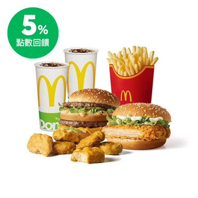 ✦饗樂趣 使用LINE PAY購買指定商品滿2筆並於04/30完成兌換享2%加碼回饋 ✦麥當勞品牌月 04/30前完成兌換享5%加碼回饋 ✦合計最高享12%回饋 商品內容 大麥克+勁辣鷄腿堡+麥克鷄塊