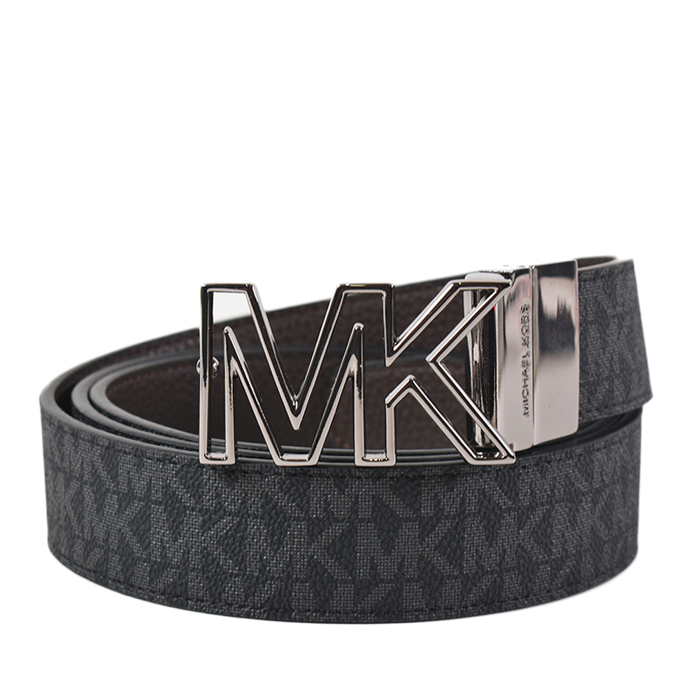MICHAEL KORS 男款 金屬鏤空LOGO緹花雙面用寬版皮帶-黑/咖啡色