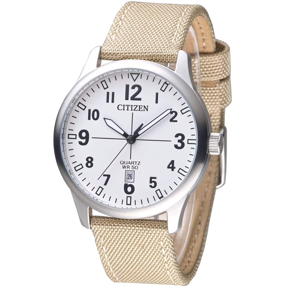 CITIZEN手錶 簡約流行運動風男錶-卡其色帆布帶(BI1050-05A)