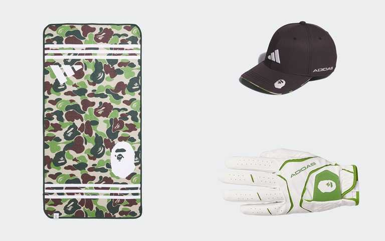 adidas GOLF x BAPE TOWEL G BAPE／1,490元、adidas GOLF x BAPE CAP F BAPE／1,690元、adidas GOLF x BAPE GLOVE G BAPE／1,490元（圖／品牌提供）