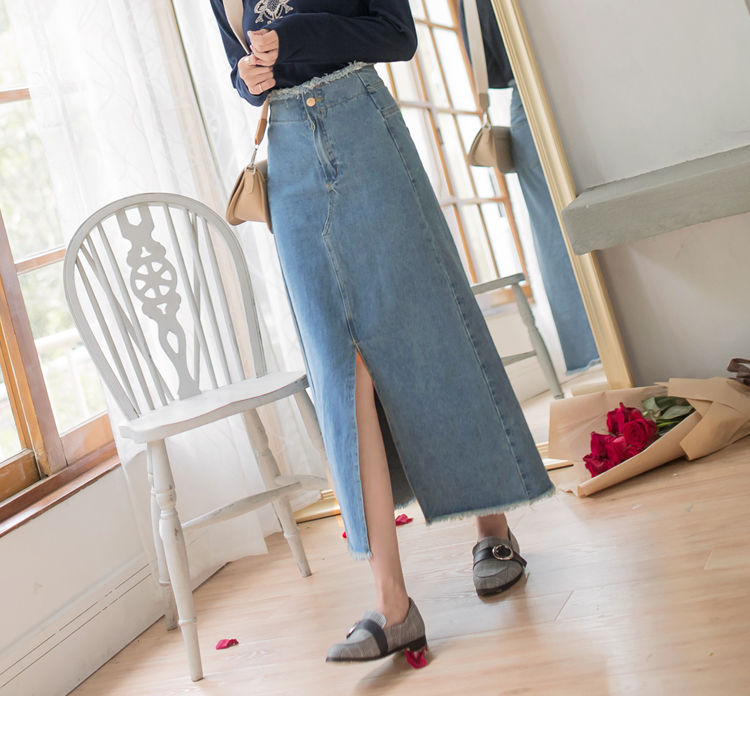 高含棉前開衩牛仔A字長裙