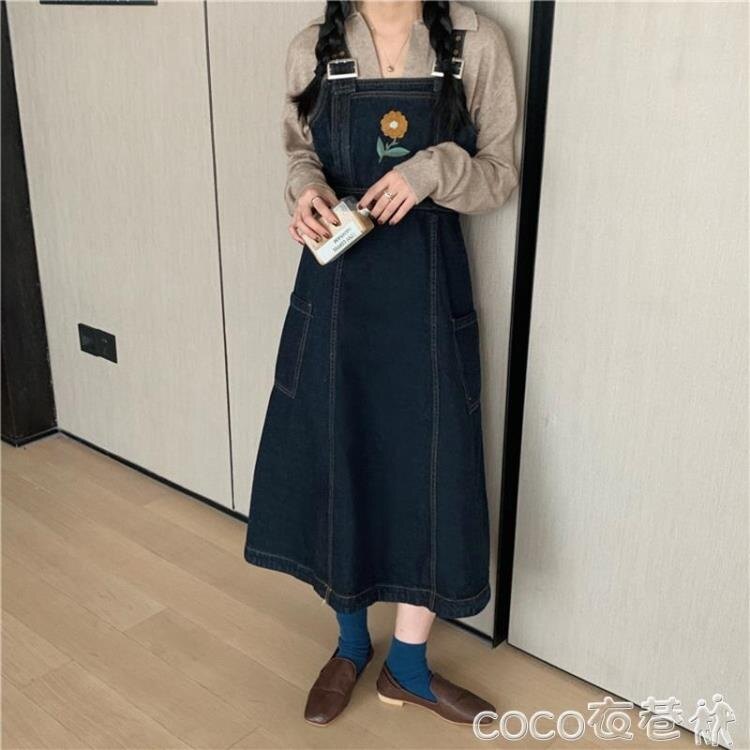 居家活動-牛仔連身裙牛仔背帶裙女春秋學院風寬鬆可愛減齡裙子刺繡小花復古收腰連身裙