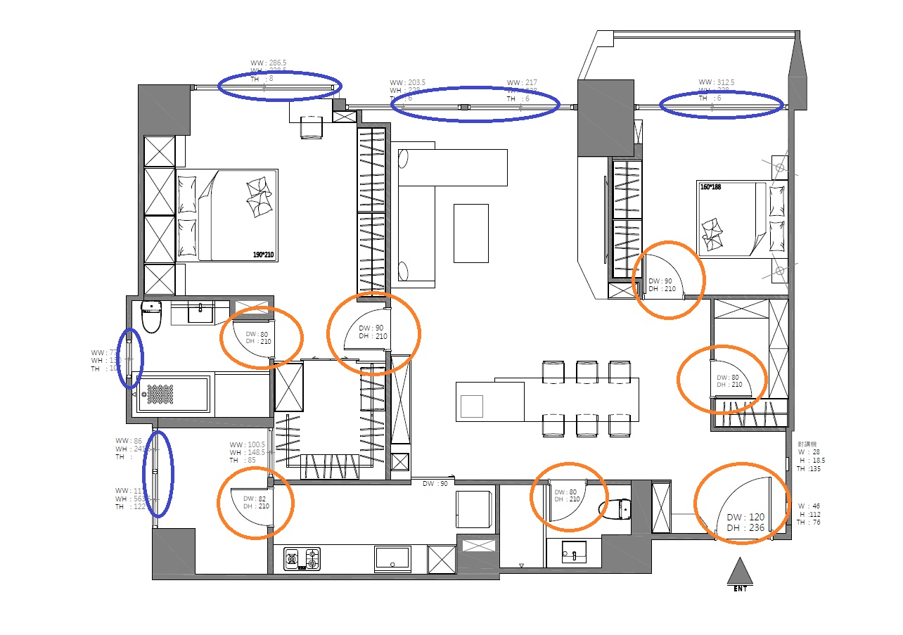 平面圖;設計圖;門窗;橫梁;柱體;空間配置;格局;採光;比例尺;家具;地板