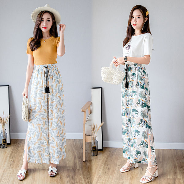 夏季新款垂感雪紡寬褲碎花寬鬆直筒褲系帶印花長褲 yu3042【衣好月圓】