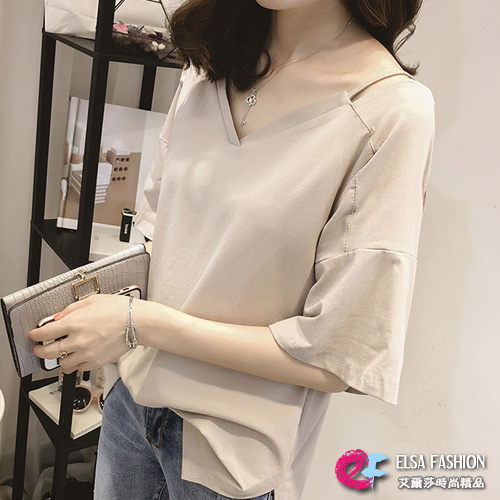 五分袖上衣 特殊肩領前短後長中袖V領T恤 艾爾莎【TAE6503】