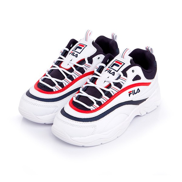 【FILA】FILA RAY中性復古老爹鞋4-C614S-123-白丈青紅 - 原價2480元*FILA RAY以流線造型鞋面，結合波浪般層疊的底台，帶來一種輕盈漫步的衝突美感 *FILA 老爹鞋超人