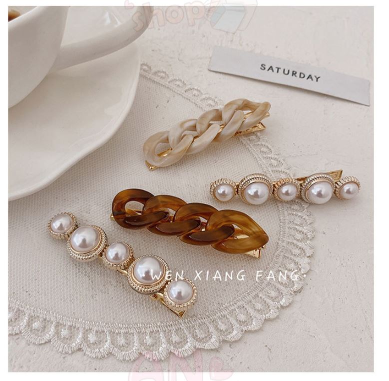髮夾-韓國氣質款珍珠鍊條麻花1+1髮夾 鯊魚夾 髮夾 髮圈 髮飾【AN SHOP】