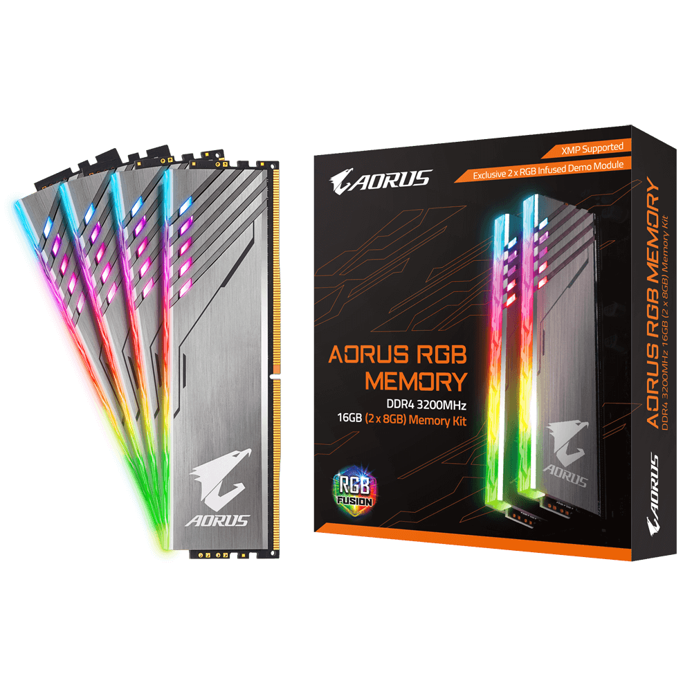 AORUS RGB Memory DDR4 套裝模組，以 2 條 DDR4 記憶體模組加上 2 條 RGB LED 燈光模組一同販售，玩家無須購買 4 條 DDR4 記憶體模組，即可享受完整 RGB LED 燈光效果。