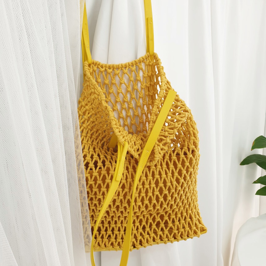 [Rehab官方旗艦店]網狀棉繩拼接皮革肩背包