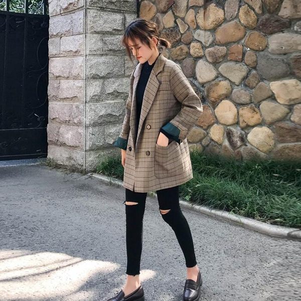 限定款西装2018秋季新款迷你格紋西服正韓學生寬鬆復古格子迷你小西裝外套女
