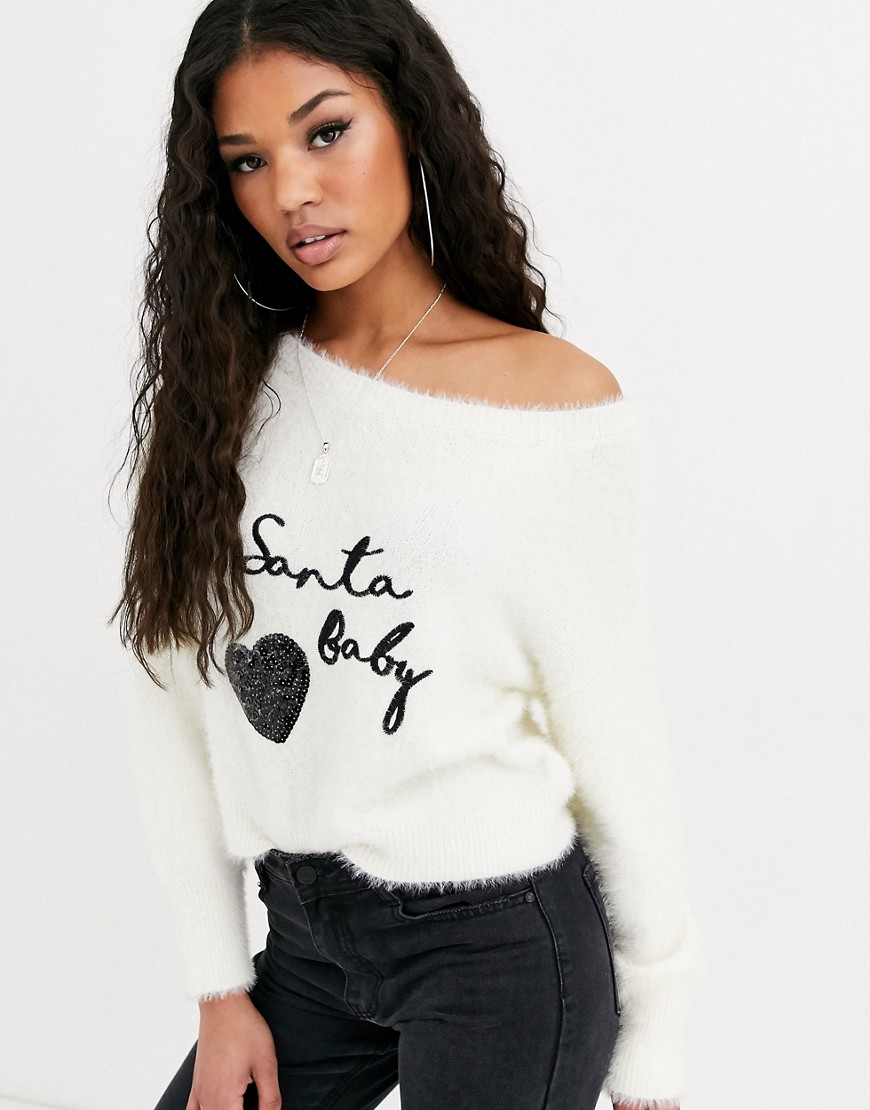 ASOS DESIGN christmas off shoulder jumper in eyelash yarn with sequin detail-Multi