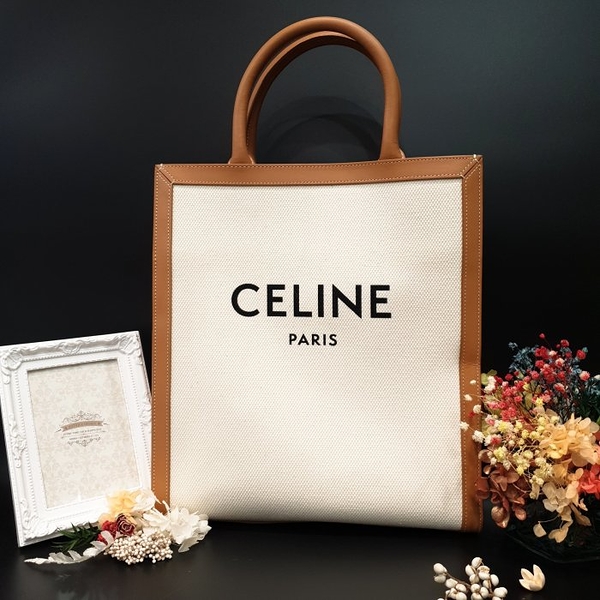 【哈極品】美品《Celine 米白色 帆布拼皮革 小款直式CABAS 二用琴譜包/肩背包/斜背包/手提包》