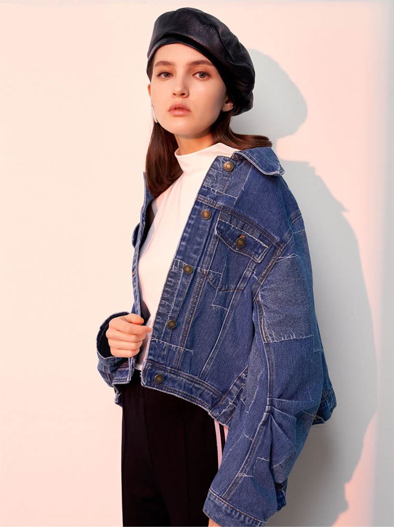 率性格紋澎袖牛仔外套