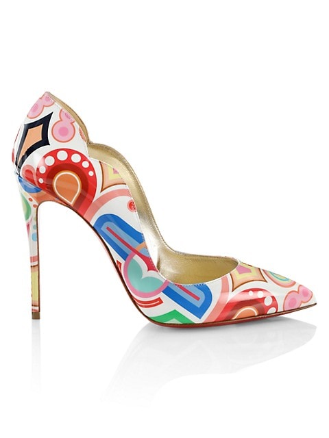 Patent leather stilettos adorned with a bold mix of colors and shapes.; Leather upper; Point toe; Sl