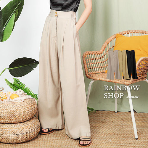 雙釦打摺落地高腰西裝寬褲-N-Rainbow【A413782】