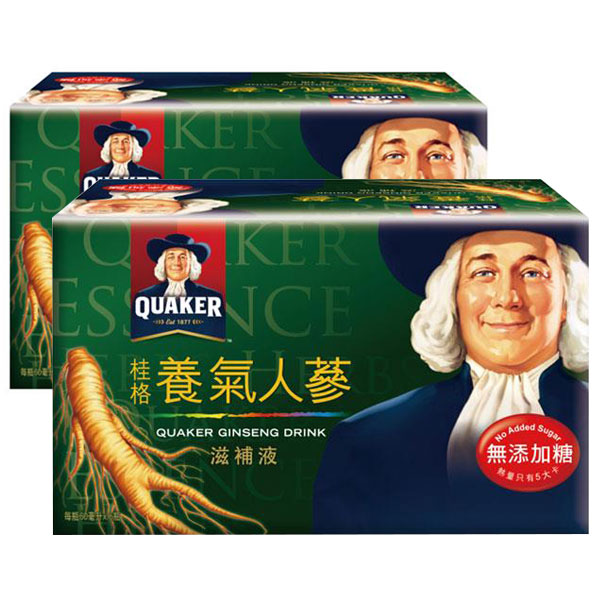 quaker桂格，以130年的科技經驗，針對國人健康需求，精選西洋蔘、白蔘等珍貴素材，將人蔘皂苷濃縮在桂格養氣人蔘無添加糖配方中，可迅速補充元氣，旺盛精神。