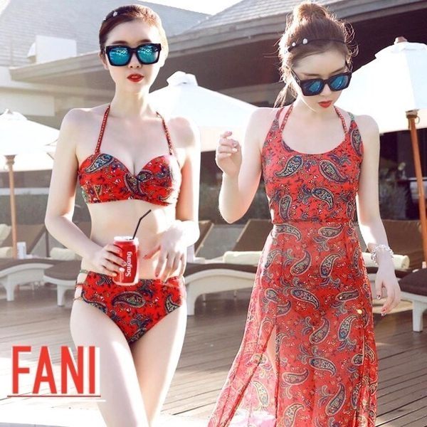 ◇方妮FaNi◇韓版【紅底幾何泳裝比基尼+長洋裝】大尺碼BRA沙灘可內搭褲襪海灘褲BIKINI