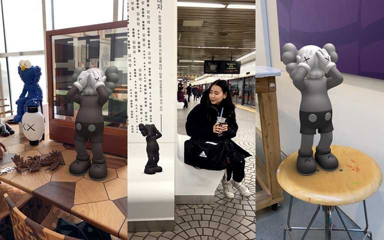 咖、黑、灰三色的KAWS為開放版本，粉絲可在期限內自由體驗互動。（圖／AcuteArt）