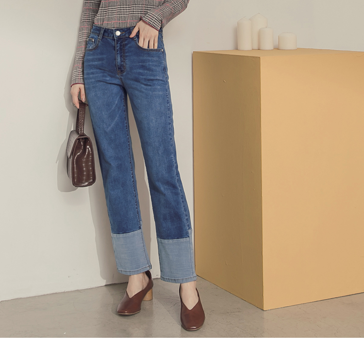 造型不規則拼接直筒牛仔褲