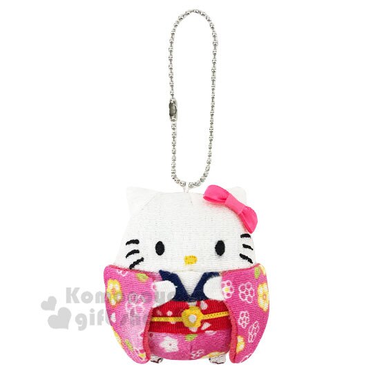 〔小禮堂〕Hello Kitty 和風絲質玩偶娃娃吊飾《粉白.和服》掛飾.鑰匙圈