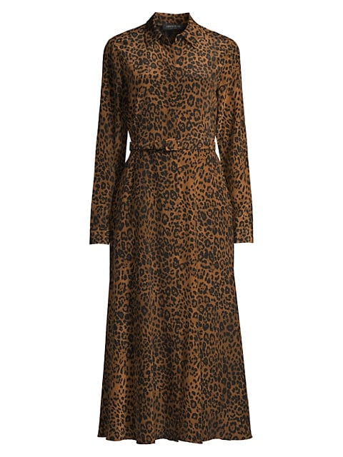 This long-sleeve midi dress features a belted silhouette and a leopard print on a silk fabric.; Spre