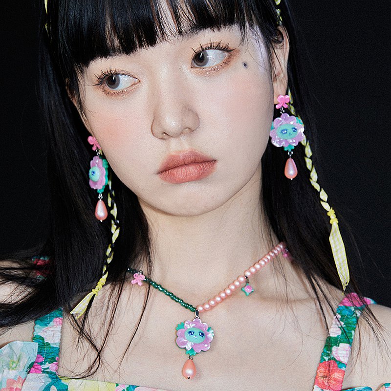 漫畫花朵 壓克力樹脂珍珠 項鏈 耳環耳夾
