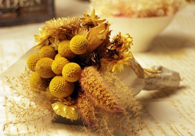 【用途】情人節、生日、喜悅、居家裝飾 【售價】$350 (本商品價格未含配送費)。 【主素材】狗尾草、金仗球、麥桿菊 【顏色】綠色、黃色 【說明】手綁的乾燥花束有著獨一無二的手感，佐以抹茶綠的包裝紙，