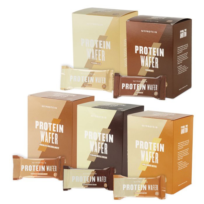 英國Myprotein 威化餅乾 好吃~隨時隨地 補充蛋白營養!注意：此為盒裝賣場口味◆ 巧克力◇ 香草◆ 榛果巧克力◇ 淇淋巧酥◆ 巧克力花生醬營養成分如圖所見