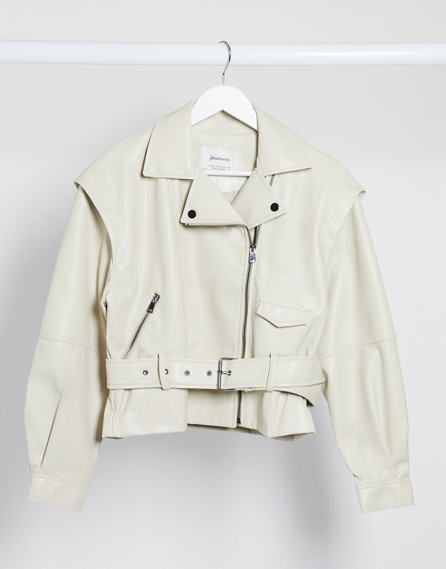 Leather jacket by Stradivarius The original transitional jacket Studded lapels Asymmetric zip fasten