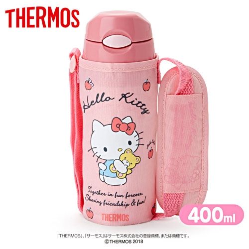 Sanrio HELLO KITTY不鏽鋼保冷直飲吸管水壺附背帶套-膳魔師聯名款-400ml(蘋果小熊)★funbox★_503878N