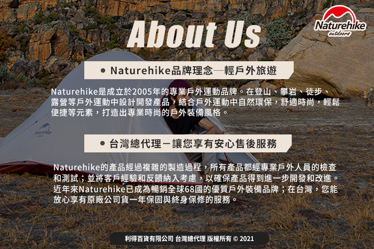 About Us Naturehike品牌理念輕戶外旅遊NaturehikeNaturehike是成立於2005年的專業戶外運動品牌。在登山、攀岩、徒步、露營等戶外運動中設計開發產品,結合戶外運動中自然環保,舒適時尚,輕鬆便捷等元素,打造出專業時尚的戶外裝備風格。台灣總代理-讓您享有安心售後服務Naturehike的產品經過複雜的製造過程,所有產品都經專業戶外人員的檢查和測試;並將客戶經驗和反饋納入考慮,以確保產品得到進一步開發和改進。近年來Naturehike已成為暢銷全球68國的優質戶外裝備品牌;在台灣,您能放心享有原廠公司貨一年保固與終身保修的服務。利得百貨有限公司 台灣總代理 版權所有 © 2021