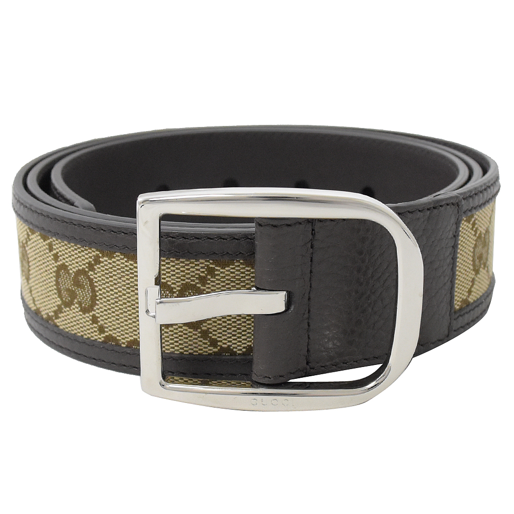 GUCCI 449716 金屬扣緹花布皮飾邊拼接皮帶.深咖(95CM)