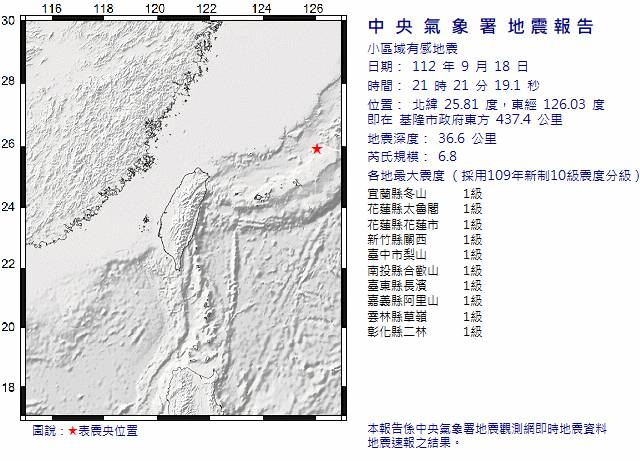 18日晚間9時21分，基隆市政府東方437.4公里處發生芮氏規模6.8地震。(圖:中央氣象局)