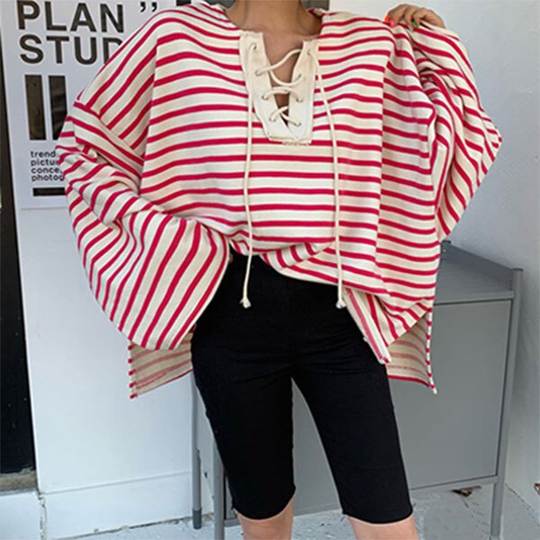 正韓 鞋帶 條紋 衛衣 長袖 T 棉 上衣 大學T 毛圈 綁帶 寬鬆 長版 露肩 休閒 顯瘦 韓國 ANNA S.