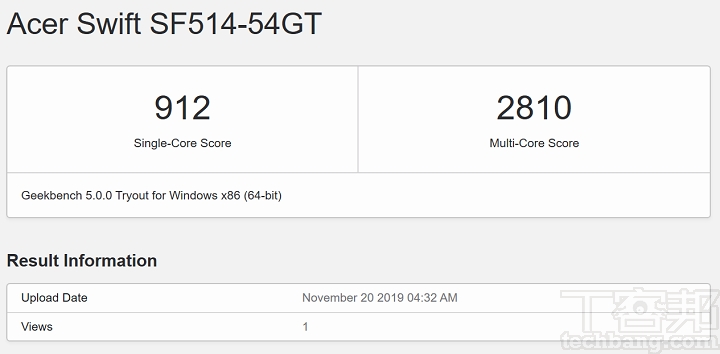 利用Geekbench 5 進行測試，在單核心部分，單核獲得 912 分，多核獲得 2,810 分。