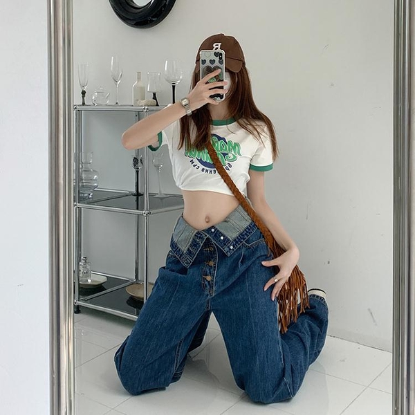 韓系單寧牛仔褲 男友褲 vibe歐美ins街頭辣妹y2k束腰翻邊高腰寬松直筒拖地牛仔褲女.美A119A.美麗衣櫥