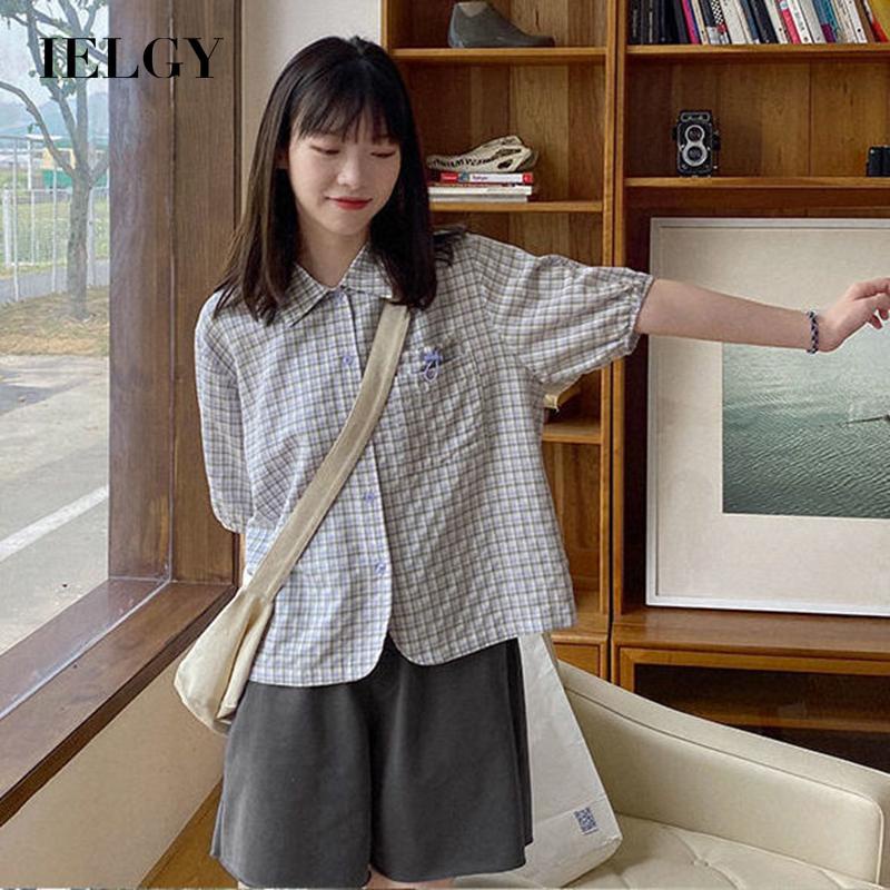 Ielgy 女裝甜美清新的淺色短袖格子襯衫