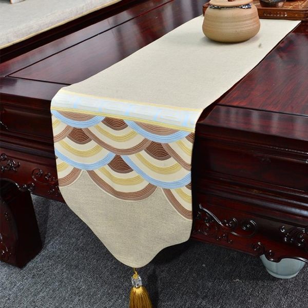 新中式波浪紋棉麻布藝餐桌桌旗古典茶幾桌布復古電視柜桌巾搭布全部