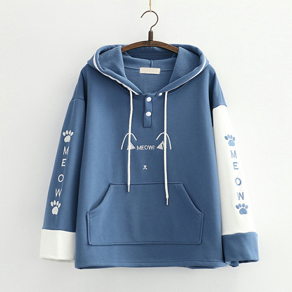 ＊ORead＊日系學院風字母貓刺繡連帽拼色加絨衛衣(2色F碼)