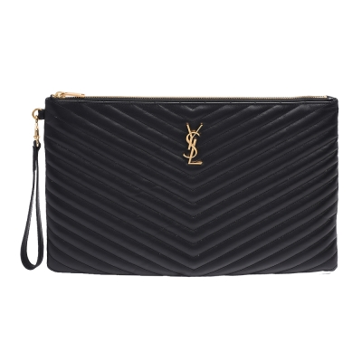 YSL MONOGRAM系列V字縫線金色LOGO羊皮拉鍊掛腕式手拿包(黑)