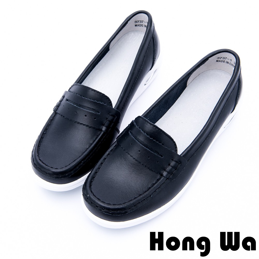 Hong Wa - 運動風牛皮柔軟氣墊樂福鞋 - 黑