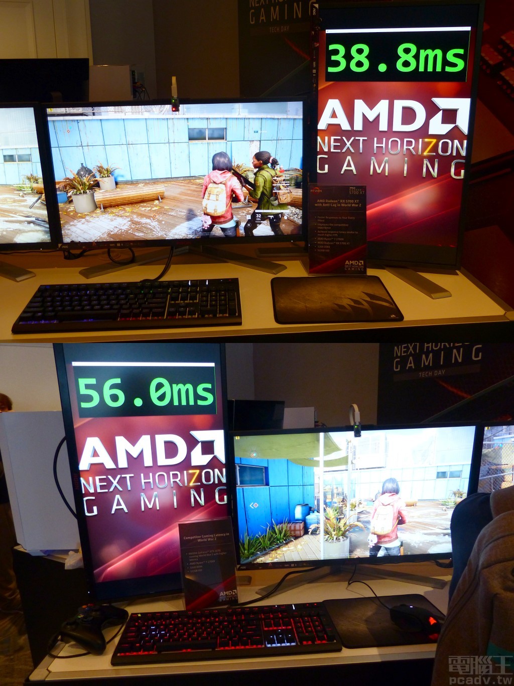 ▲ 實際展示 Radeon RX 5700 XT 開啟 Radeon Anti-Lag 與 NVIDIA GeForce RTX 2070 的反應時間比較，前者僅為 38.8ms，後者為 56ms。