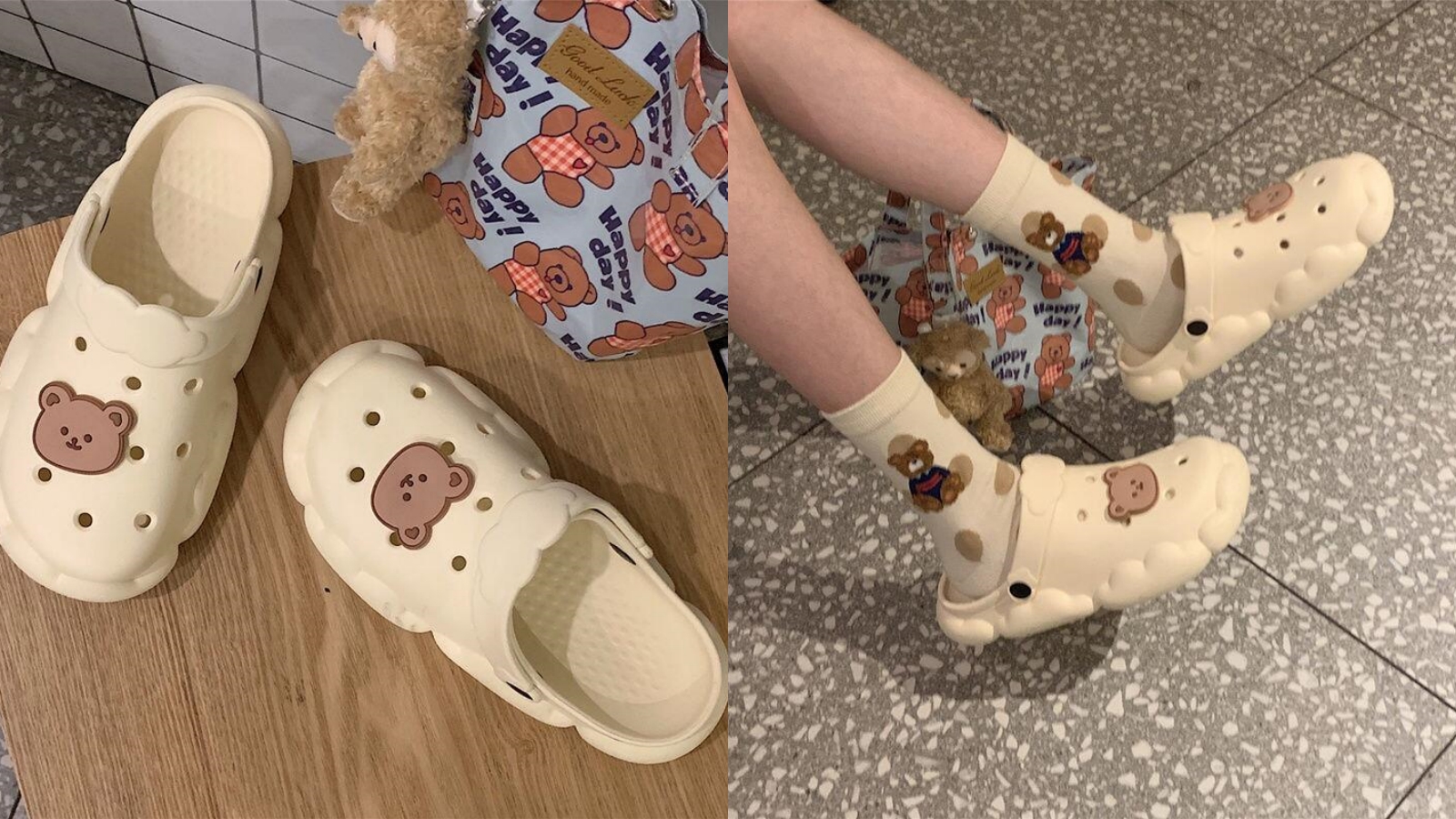 卡通小熊頭雲朵輕便洞洞鞋