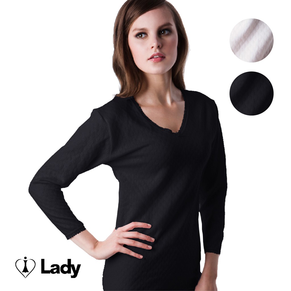 Lady內衣官方搜尋→ risemarginroger三層暖棉編織，穿著柔軟舒適，保暖又防寒⭐️Lady柔情棉棉系列 V領8分袖衛身衣(黑/粉)｜Tender Kapok｜～純粹動感的曼妙節奏～★保暖