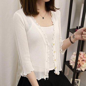 冰絲針織衫女開衫夏季短款空調衫白色外搭薄外套木耳邊防曬小披肩 《元旦鉅惠 全館88折》