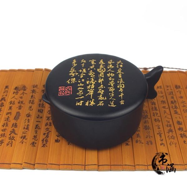 黑金墨池帶蓋多功能墨池硯臺可回墨碟陶瓷筆擱盛裝墨汁送毛氈文房四寶荷花小魚款墨池