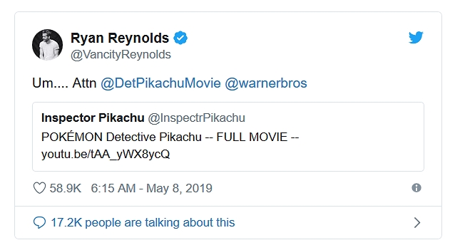 萊恩雷諾斯果然是好萊塢最狂的梗王，他上傳了一整部102分鐘高畫質清晰版皮卡丘影片