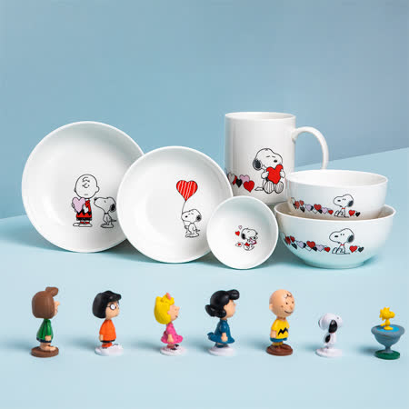 【美國康寧 CORELLE】SNOOPY LOVELY 史奴比甜蜜生活14件式陶瓷餐具禮盒 (原裝進口)