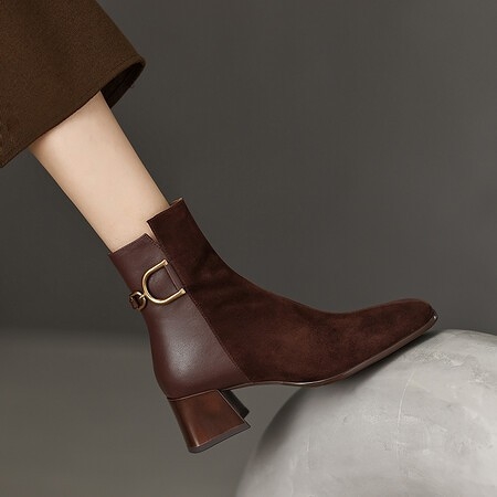 歐韓女靴粗跟方頭五金扣件側拉鍊短筒切爾西靴羊翻皮復古高跟短靴